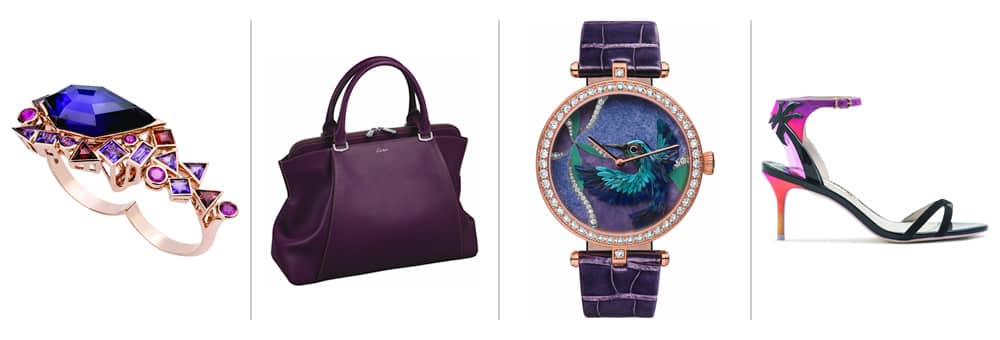 From left to right: 5. Gold Struck two finger ring by STEPHEN WEBSTER, 6. Amethyst C de Cartier bag by CARTIER, 7. Lady Arpels Colibri Indigo watch by VAN CLEEF & ARPELS, 8. Malibu Sunset sandal by SOPHIA WEBSTER