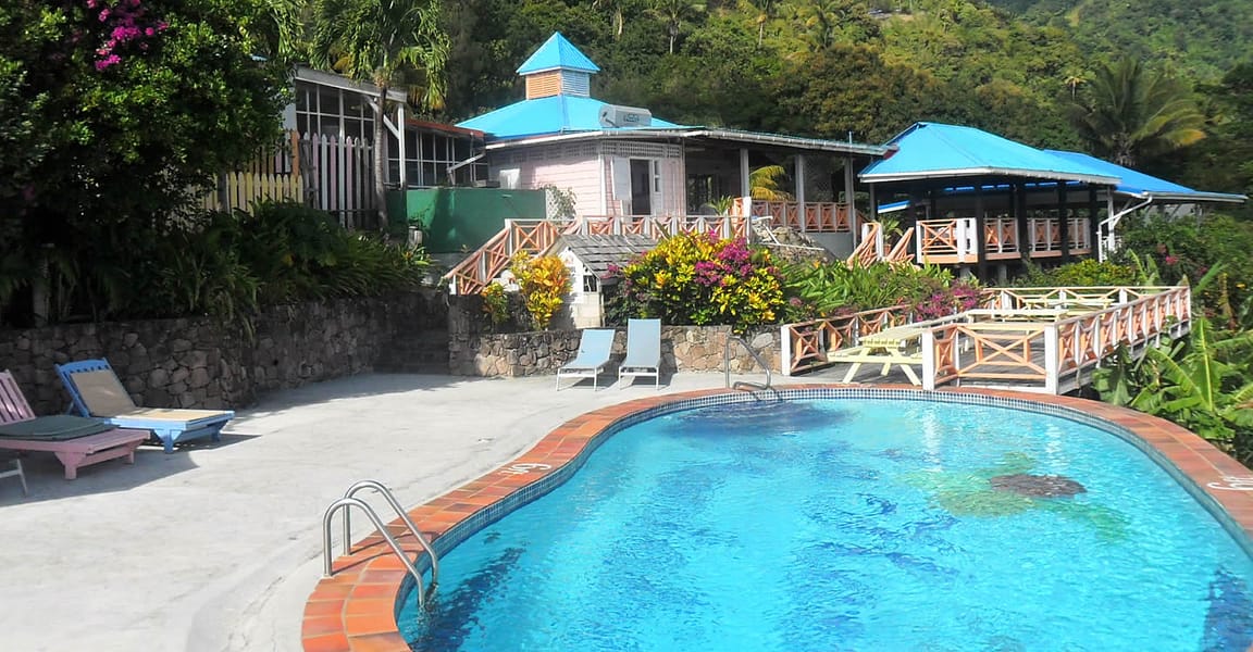 Boutique hotel for sale, Soufriere, St Lucia - pool with view of the Pitons