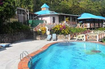 Boutique hotel for sale, Soufriere, St Lucia - pool with view of the Pitons