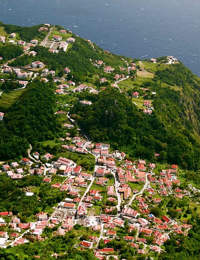 Aerial view of Saba and its red-roofed cottages