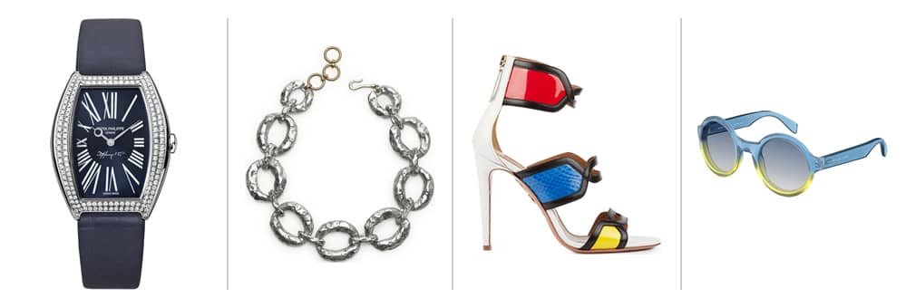 1. Limited Edition Ladies Gondolo watch in blue by TIFFANY & PATEK PHILIPPE, 2. Chain link necklace by ALTUZARRA, 3. It's Gorgeous multicolour sandal by AQUAZURRA, 4. Sunglasses by MARC BY MARC JACOBS