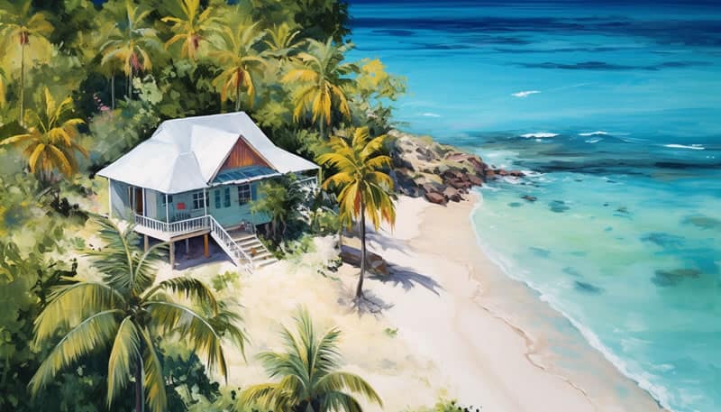Caribbean beachfront real estate artwork